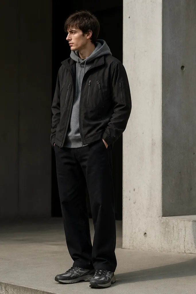 A grey hoodie underneath a black zip tech jacket. The tech jacket has multiple zip pockets on the front and sleeves. Black jeans are straight. The shoes are black and grey running sneakers.