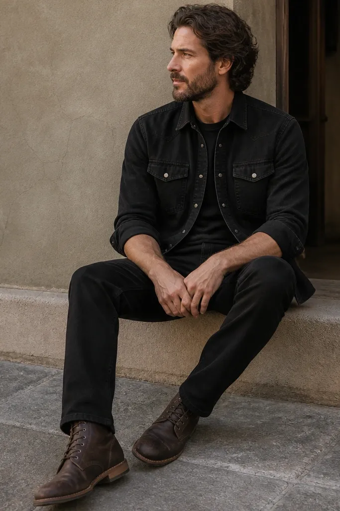 A black denim shirt jacket with snap buttons and a slightly heavier denim texture. Sleeves are rolled to mid-forearm. Black jeans are straight and dark. Work boots in dark brown leather are visible.