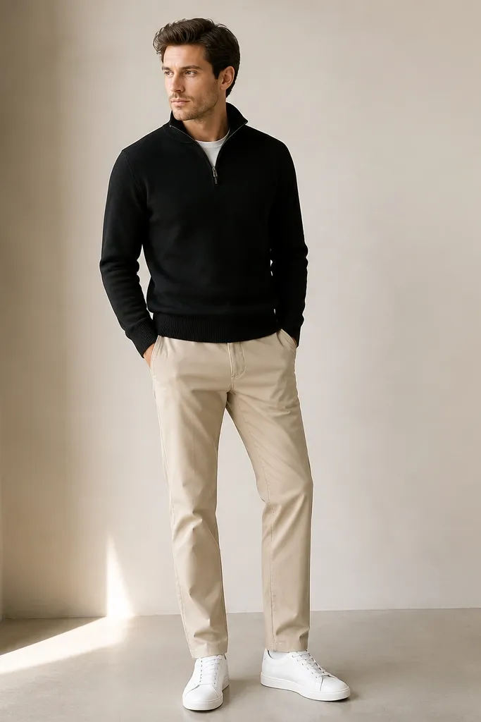 A black quarter zip sweater with a half-zip collar worn over a plain look, paired with stone-beige chinos and clean white leather low-top sneakers; the outfit looks bright and minimal.