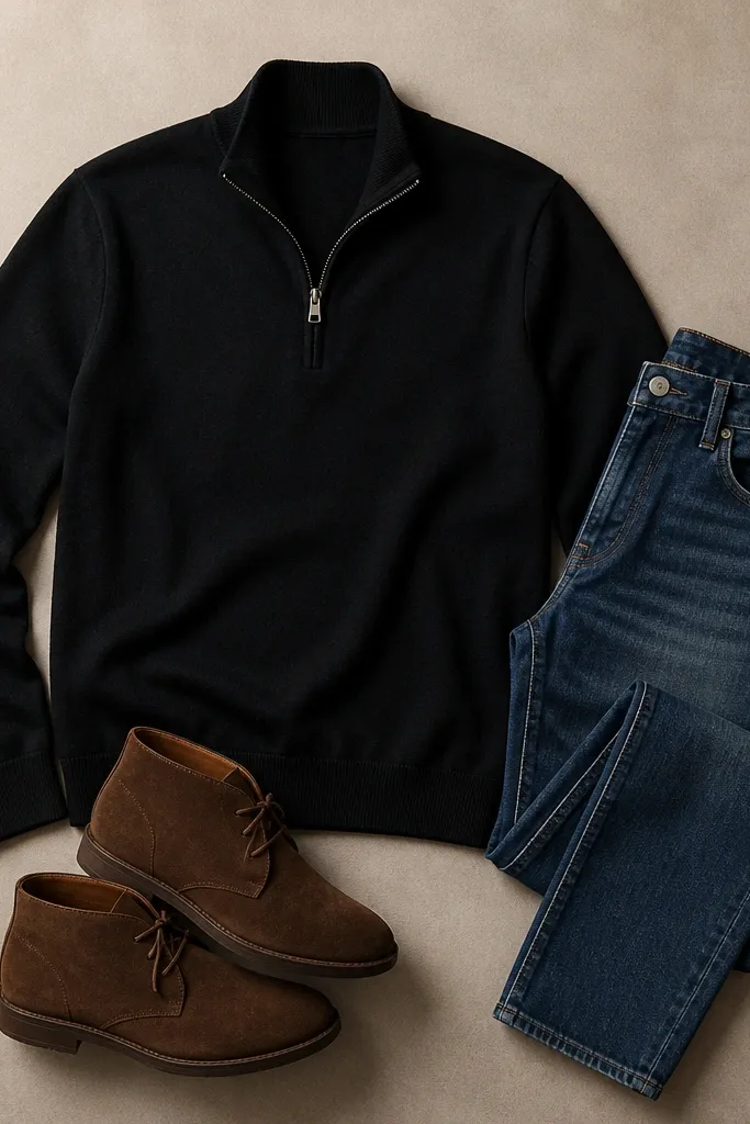 A black quarter zip laid flat with an indigo mid-wash jean and dark brown suede chukka boots; the outfit shows a warm footwear tone against the black top.
