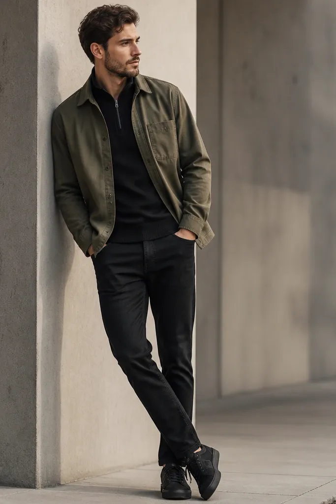 A layered look: black quarter zip under an olive overshirt, with black jeans and black sneakers; the overshirt is slightly open at the front.