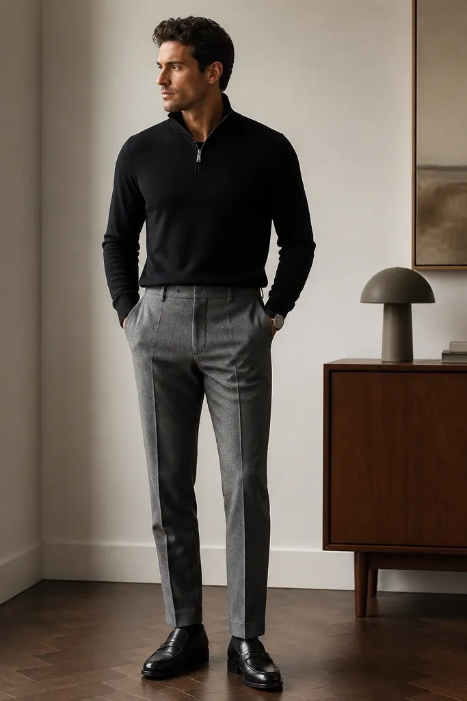 A black quarter zip paired with light-to-mid grey wool trousers and black leather loafers, with the hem neat and the overall look office-ready.