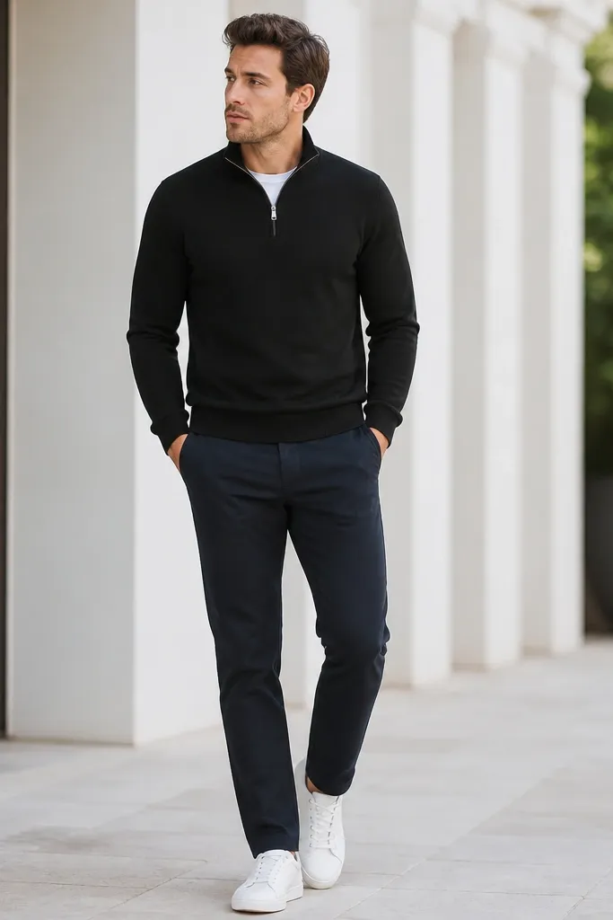 Black quarter zip with navy chinos and white trainers; the outfit is bright and clean with a casual sporty feel.