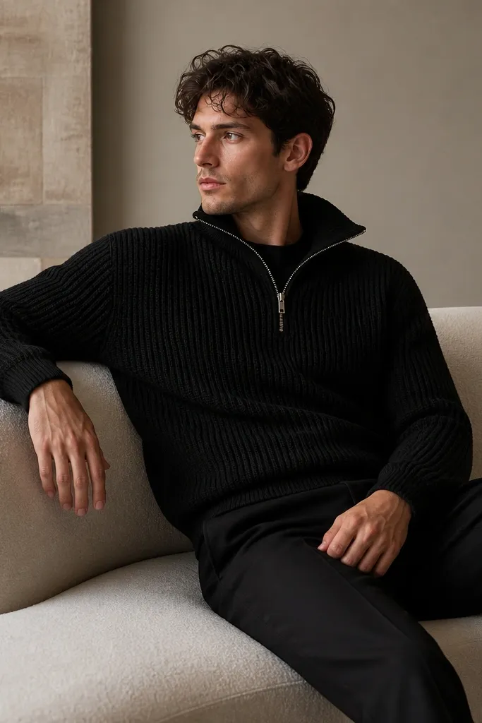 A black outfit built around a quarter zip with visible knit texture, paired with black pants; the texture stands out against darker bottoms.