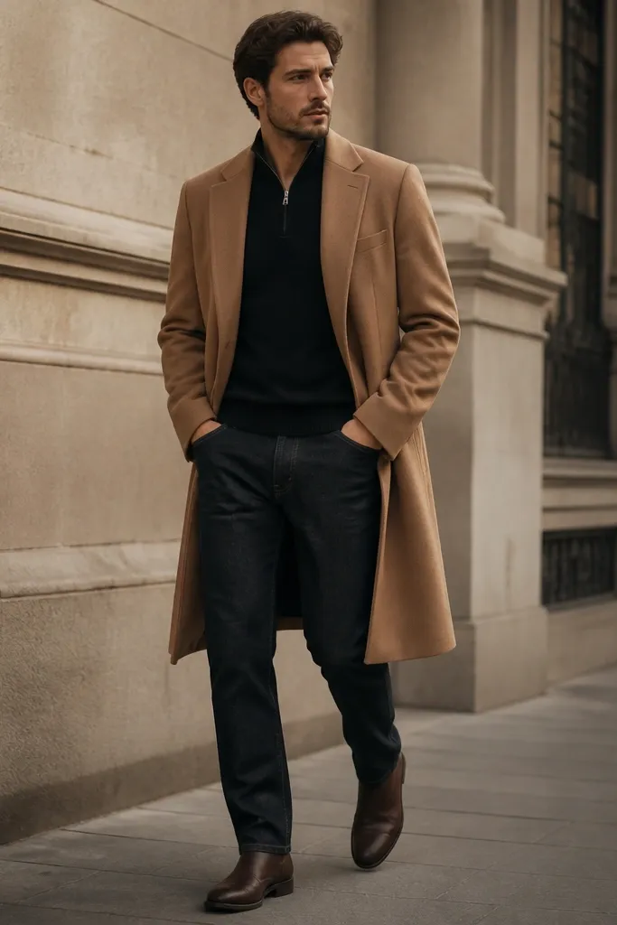 A long camel overcoat over a black quarter zip, with dark denim jeans and brown leather boots; the camel layer frames the black center.