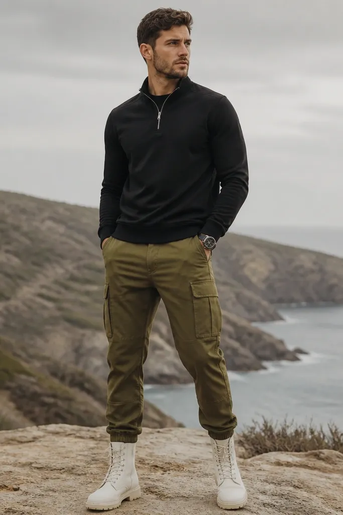 A black quarter zip with olive cargo pants and white boots; the outfit has a rugged utilitarian feel with clean lines.