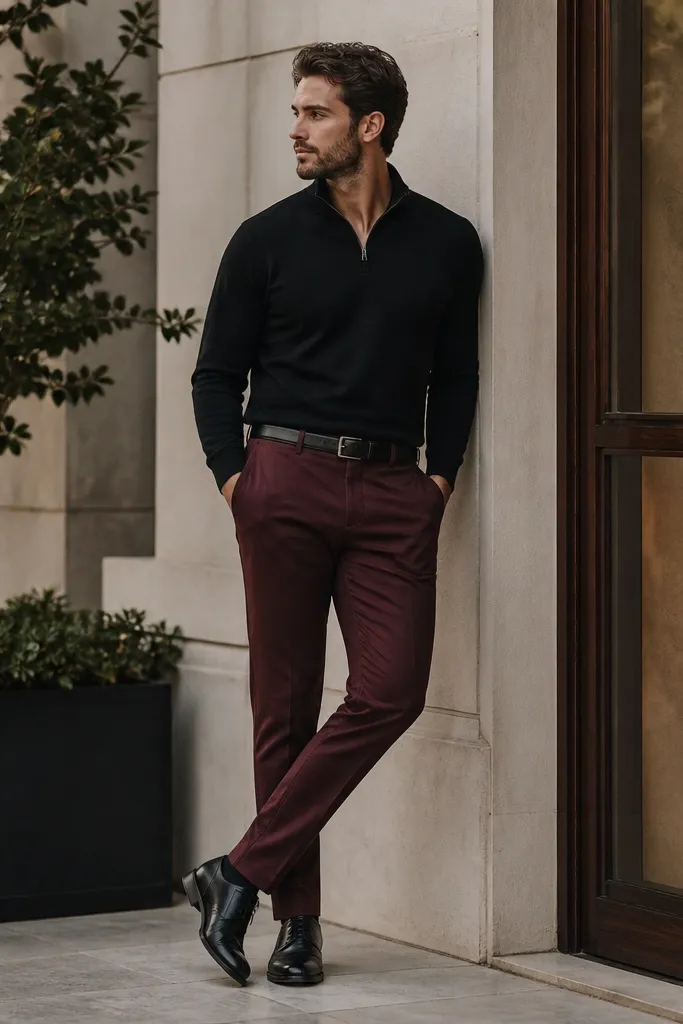 A black quarter zip paired with burgundy chinos and black leather belt, with dark shoes; the outfit looks warm and intentional.
