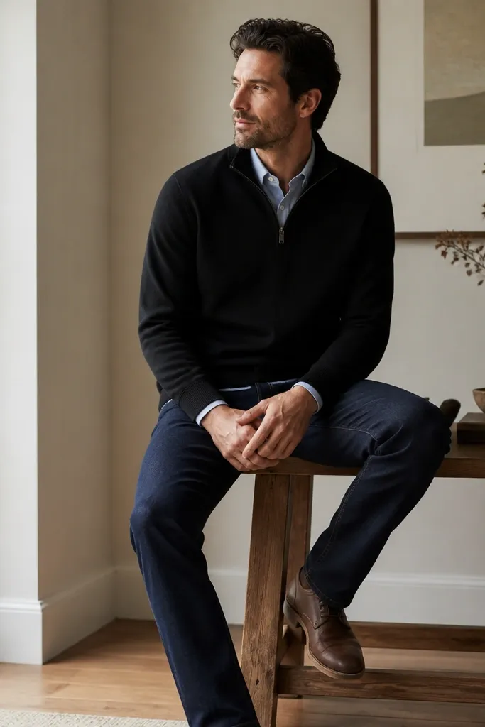 A black quarter zip worn over a light blue button-down shirt, with dark jeans and simple leather shoes; the shirt collar peeks out.