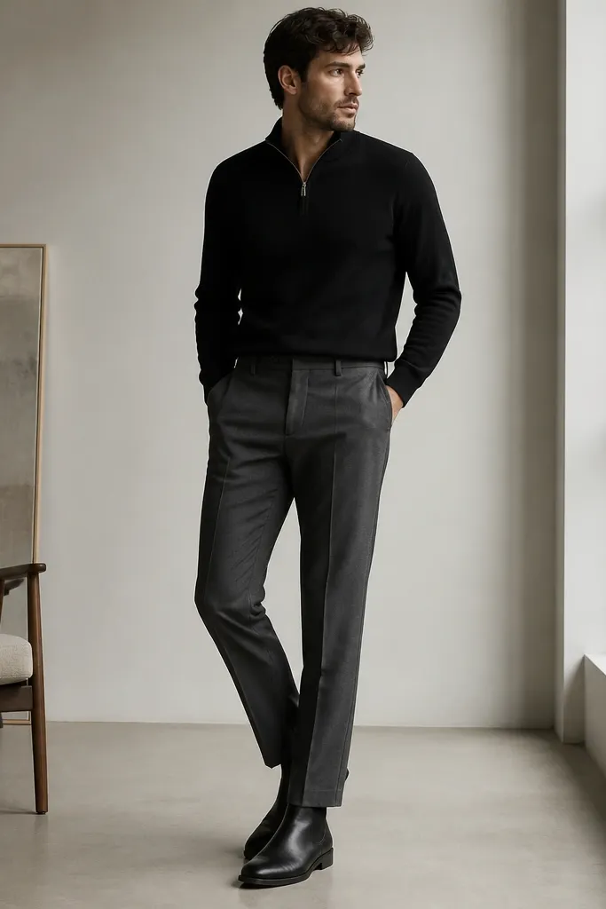 A black quarter zip with charcoal flat-front trousers and black Chelsea boots; the outfit looks clean and slightly dressy.