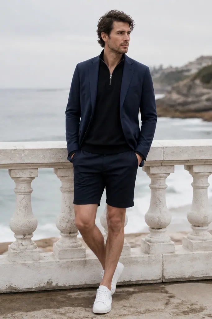 A black quarter zip under a navy blazer with dark chino shorts and clean sneakers; the blazer is open and the quarter zip peeks through.