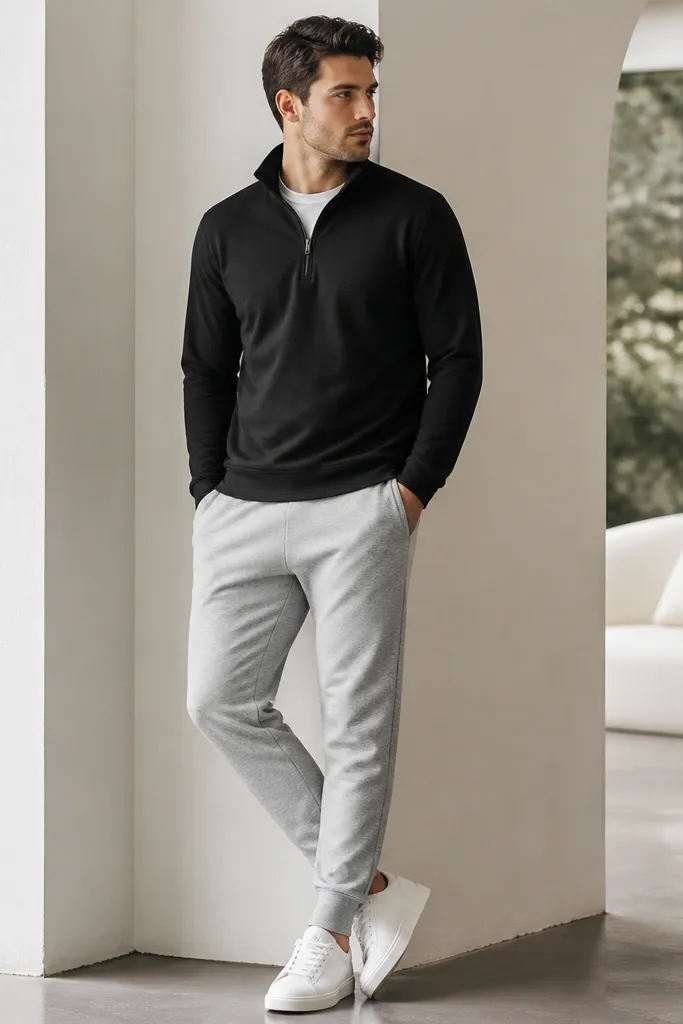 A black quarter zip worn with heather grey joggers and simple minimalist sneakers; the look is sporty but still clean.