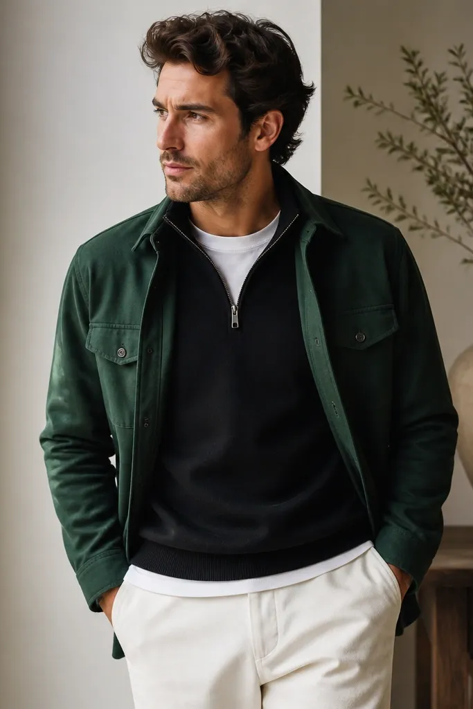 A black quarter zip layered over a white tee, with a forest green overshirt worn open; the outfit uses crisp white for contrast.