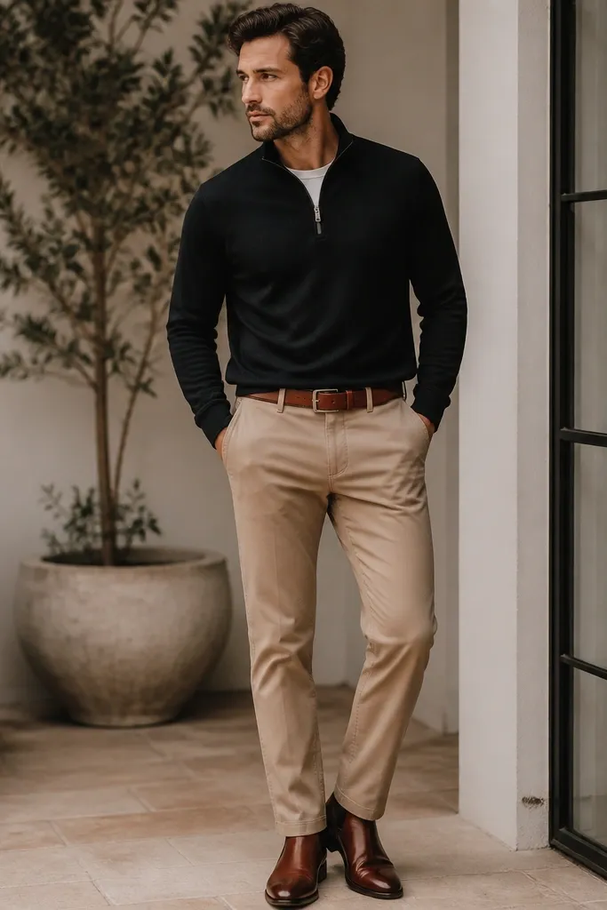 A black quarter zip with tan chinos and a cognac leather belt; the footwear appears brown leather for a warm neutral look.