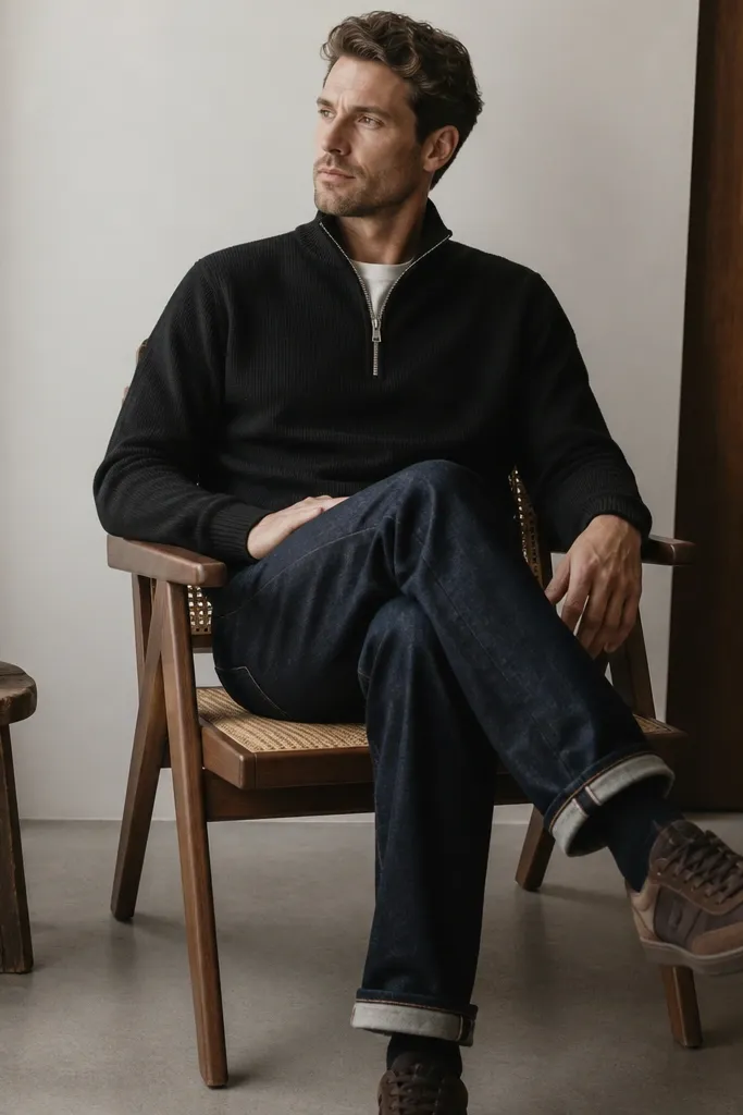 A black quarter zip with deep navy selvedge denim and dark brown sneakers; the denim has a visible edge and structured look.