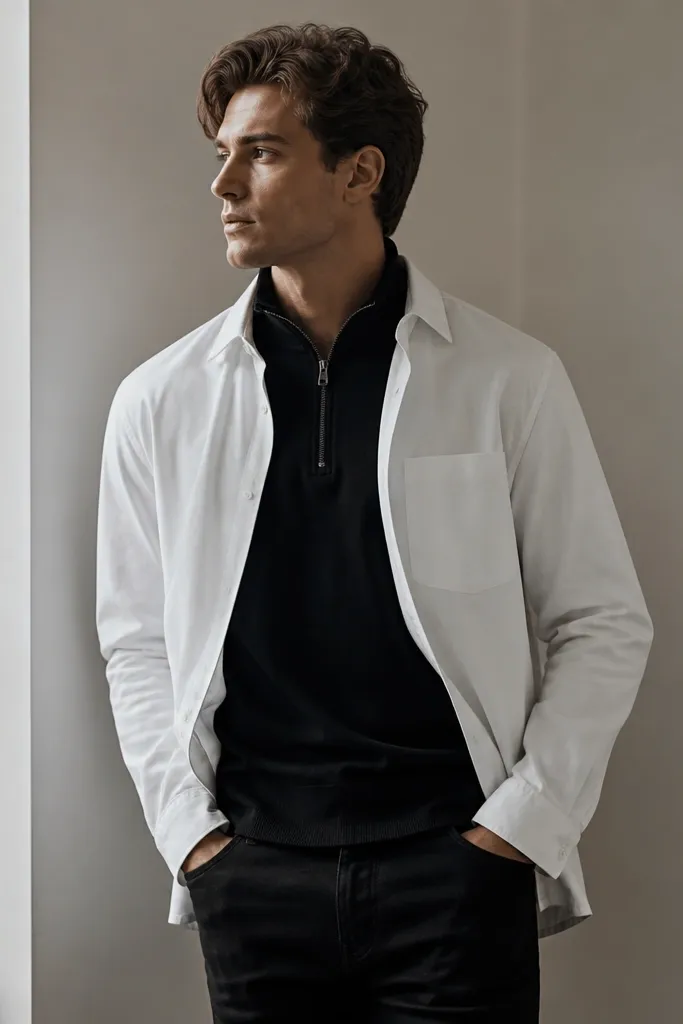 A black quarter zip under a white overshirt, paired with black jeans; the white layer is open and crisp.