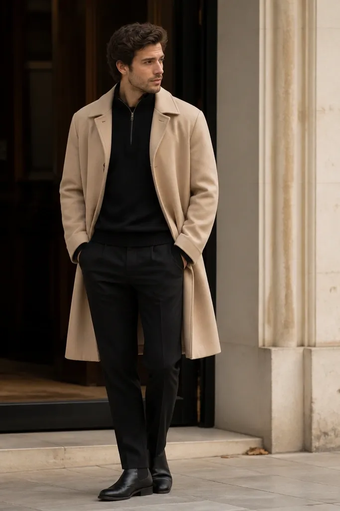 A black quarter zip under a beige overcoat, paired with black trousers and black shoes; the beige outerwear creates a clean contrast frame.