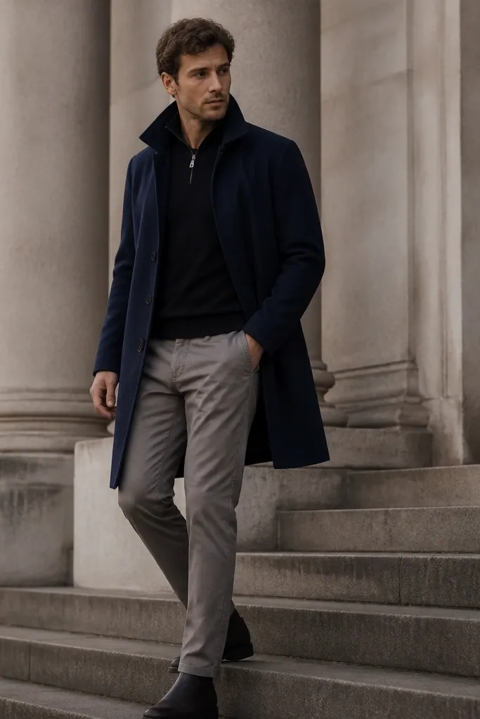 A black quarter zip beneath a navy overcoat, paired with grey chinos and dark shoes; the navy outer layer anchors the outfit.