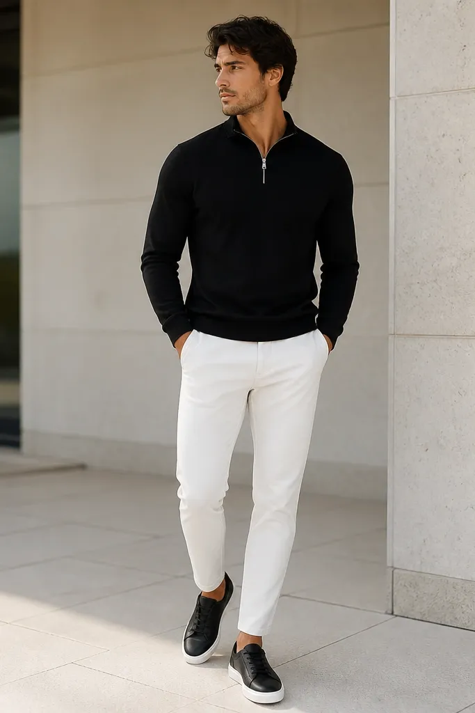 A black quarter zip with white tapered jeans and black sneakers; the outfit uses sharp color contrast for a clean modern look.