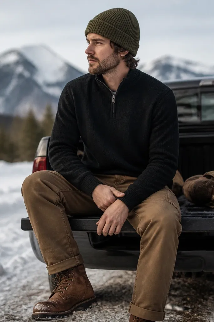 A black quarter zip with brown work boots and an olive knit beanie; the outfit looks winter-ready with warm, earthy tones.