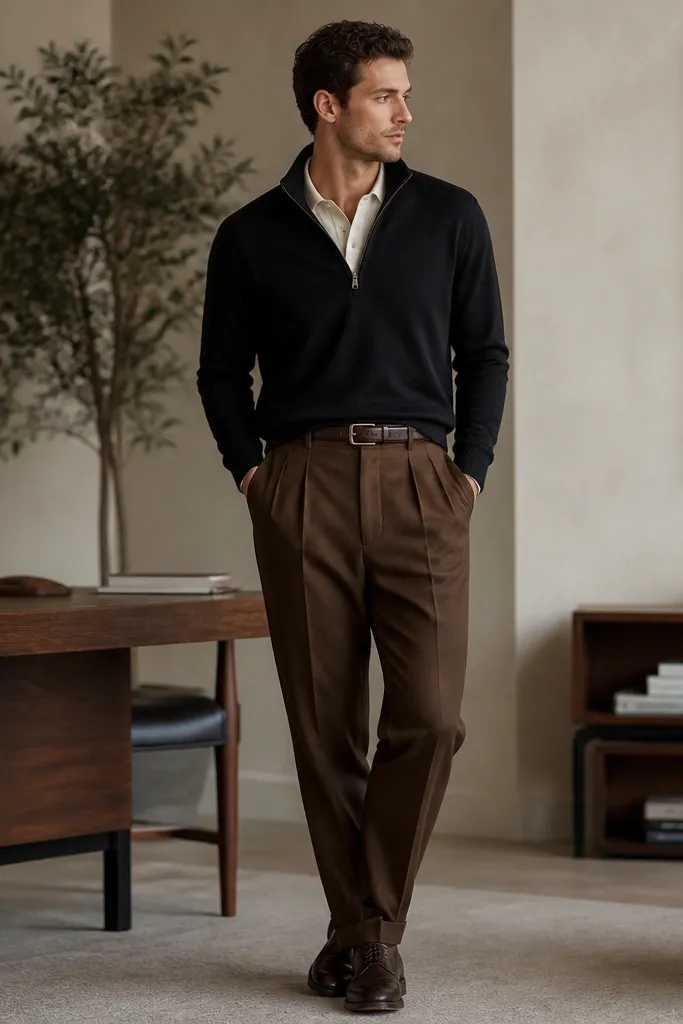 Man wearing a fitted black quarter zip with a matte finish, layered over a cream knit polo. He pairs it with high-waisted tobacco-brown pleated trousers and dark brown leather lace-up shoes. The outfit has a relaxed office vibe, with a belt showing a light burnished edge and a slight break at the hem.