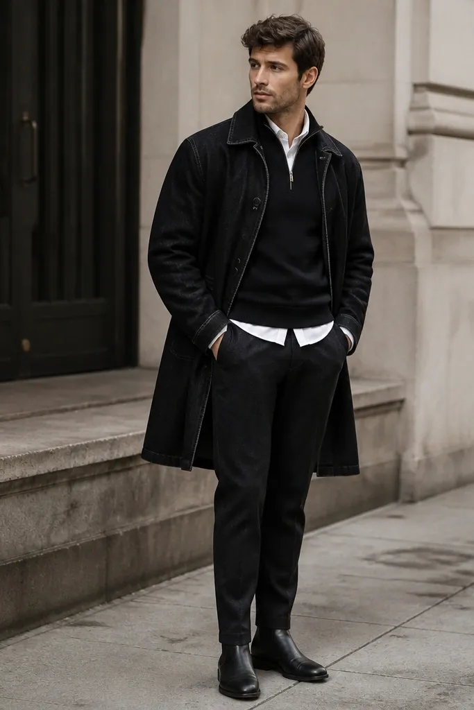 Man in a black quarter zip under a white button-down Oxford shirt. He wears a black denim overcoat with a structured collar and visible topstitching, plus black Chelsea boots with elastic panels. The look has a layered, city-cold feel, with the Oxford collar slightly peeking and the sleeves neatly buttoned.