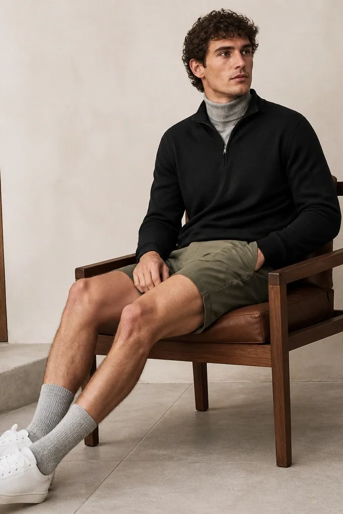 Man wearing a black quarter zip over a light grey turtleneck. He pairs it with olive chino shorts that hit mid-thigh and wears grey wool crew socks. The shoes are clean white low-top sneakers, and the outfit looks layered but summer-friendly, with the quarter zip collar resting snugly over the turtleneck.