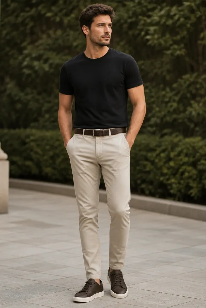 A man wearing light stone beige slim chinos with a slight taper, paired with a matte black crewneck t-shirt. He has a brown leather belt and dark brown low-top sneakers, standing outdoors in daylight.