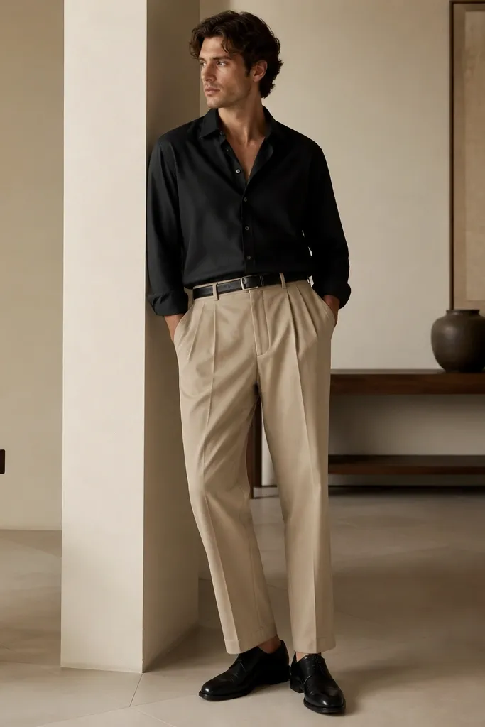 A man styled in sand beige pleated dress trousers with a straight leg, paired with a black oxford button-down left slightly open at the collar. He wears black leather lace-up shoes and a black belt, with a relaxed half-tuck.