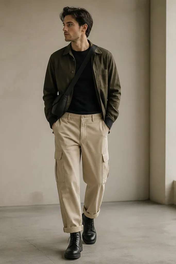 Beige canvas utility pants with cargo-style pockets are worn with a black fitted long-sleeve tee. The man has an olive overshirt, black boots, and a crossbody bag.