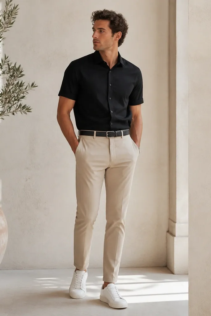 Beige tapered ankle-length pants are paired with a black short-sleeve button-up shirt. The man wears a black belt and white sneakers, with the shirt fully tucked.