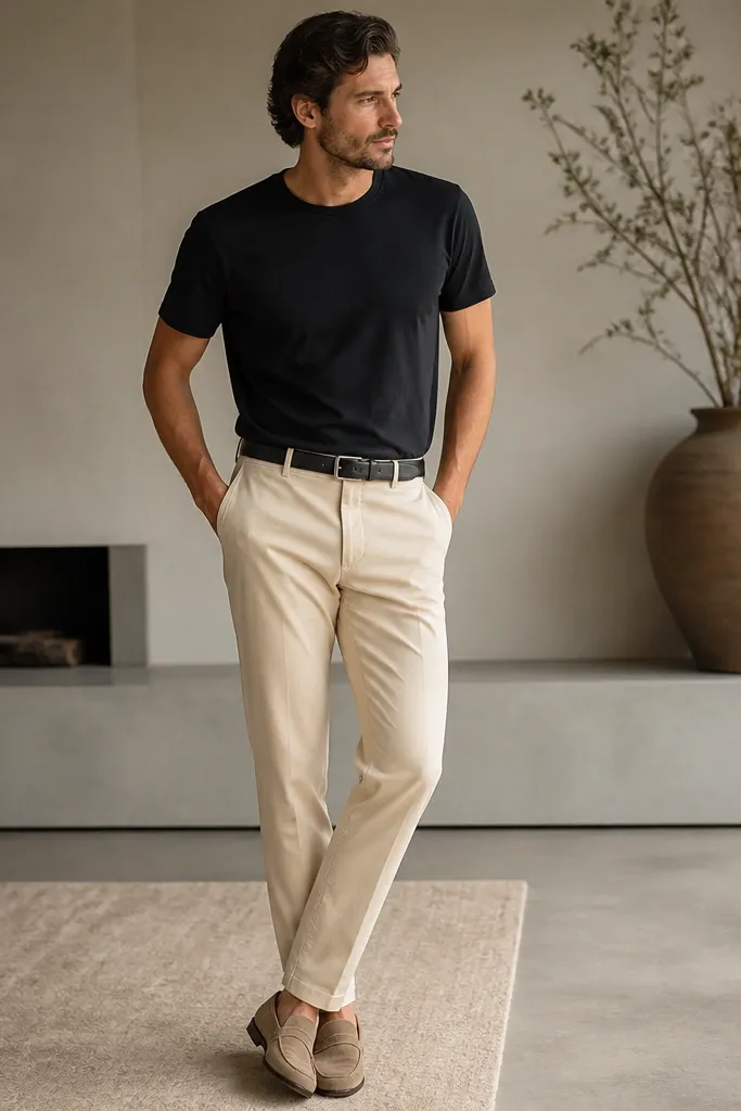 Cream-beige chinos with a straight leg are worn with a plain black t-shirt with no print. The man wears a black leather belt and light tan suede loafers.