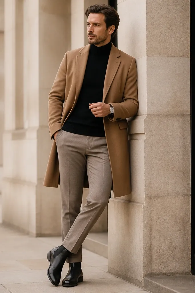 Taupe beige straight-leg pants are worn with a black ribbed turtleneck. The man has a camel overcoat, black Chelsea boots, and a simple silver watch.