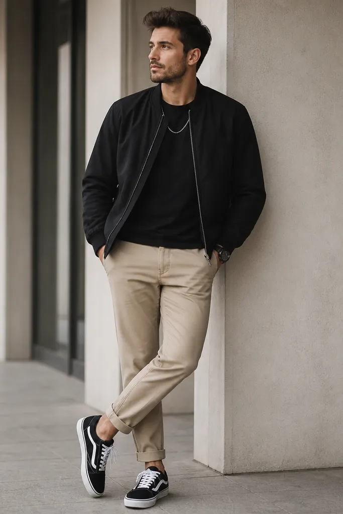 Beige chinos with a slim taper are paired with a black bomber jacket. The man wears a black crewneck tee underneath and black-and-white sneakers, with a watch and chain.