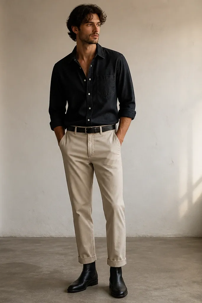 Beige cuffed trousers with a slightly cropped hem are worn with a black denim shirt buttoned halfway. The man wears black boots and a black belt, with the shirt sleeves rolled once.