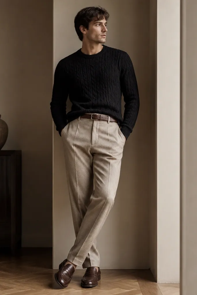 Beige wool trousers are paired with a black cable-knit sweater. The man wears a dark brown leather belt and matching leather loafers, with the sweater tucked at the front.