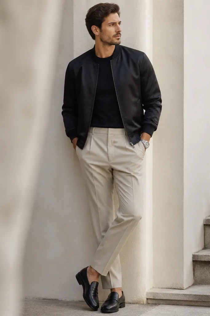 Beige tapered trousers are paired with a black satin bomber jacket. The man wears a black t-shirt underneath and sleek black loafers, with a silver watch.