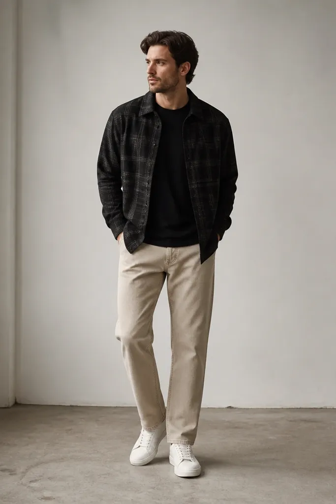 Beige straight-leg jeans are worn with a black flannel overshirt. The man has a black tee underneath, white sneakers, and the flannel worn open.