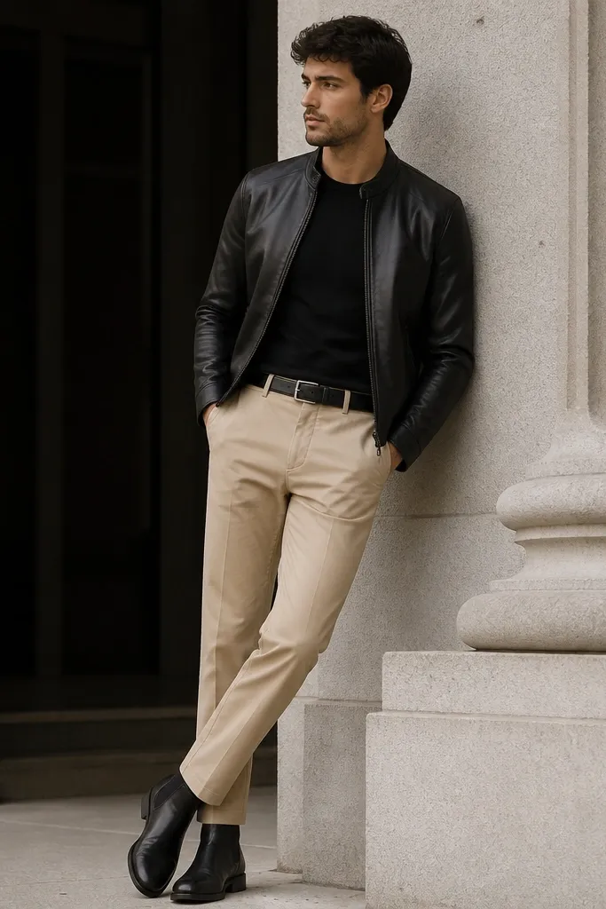 Oat-beige chinos with a slim straight leg are paired with a black leather jacket. The man wears a black crewneck tee, black boots, and a simple belt.