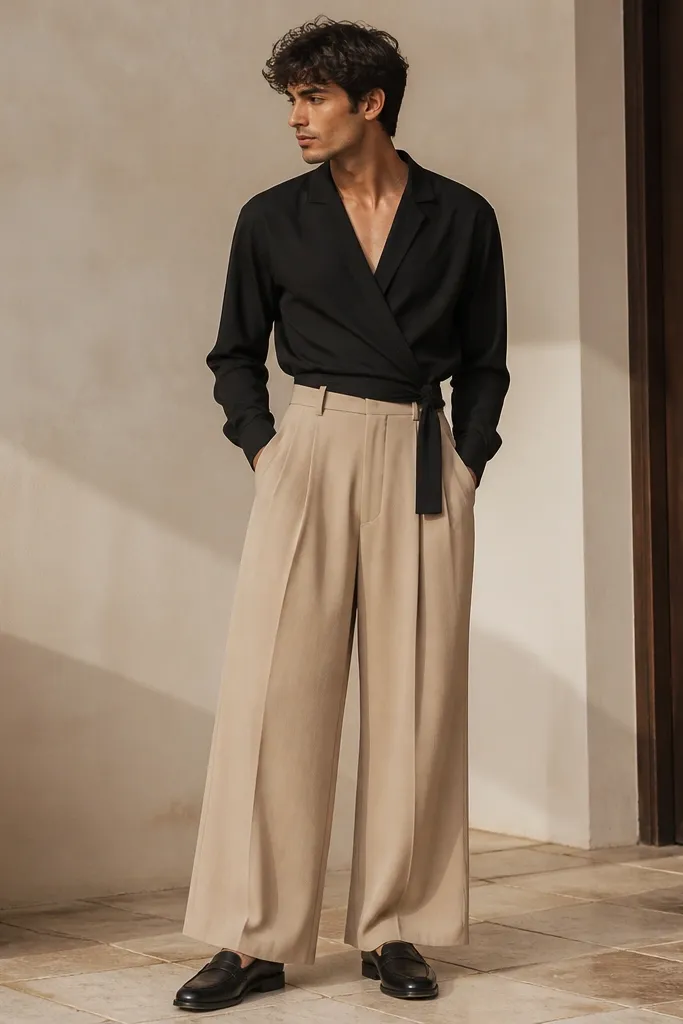 Beige pleated culottes with a wide leg are paired with a black wrap-style shirt. The man wears black leather loafers and a thin belt, with the shirt tied at the waist.