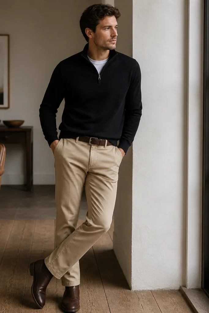 Beige chinos paired with a black quarter-zip sweater. The man wears a white t-shirt peeking at the collar, a brown belt, and dark brown leather boots.