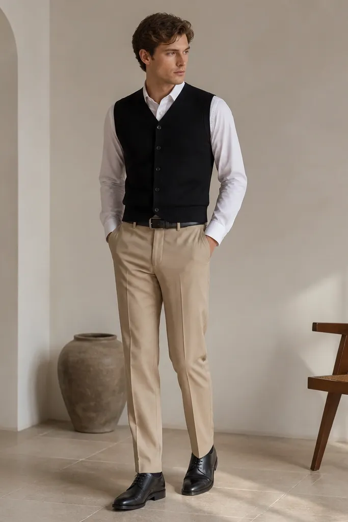 Beige dress pants are paired with a black sweater vest over a white dress shirt. The man wears a black belt and black leather oxfords, with the vest fully buttoned.