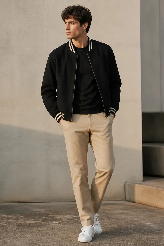 Beige chinos are paired with a black varsity jacket that has cream rib trim. The man wears a black t-shirt underneath and white sneakers, with the jacket unzipped.