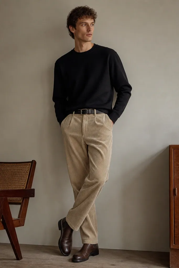 Beige corduroy pants with visible wales are paired with a black crewneck sweatshirt. The man wears dark brown leather boots and a black belt, with the sweatshirt tucked slightly at the front.