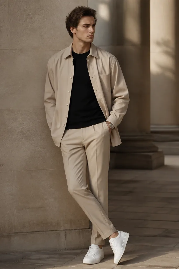 Beige chinos are paired with a black t-shirt and a beige overshirt worn open. The man wears white sneakers and a watch, with the overshirt slightly longer than the shirt hem.