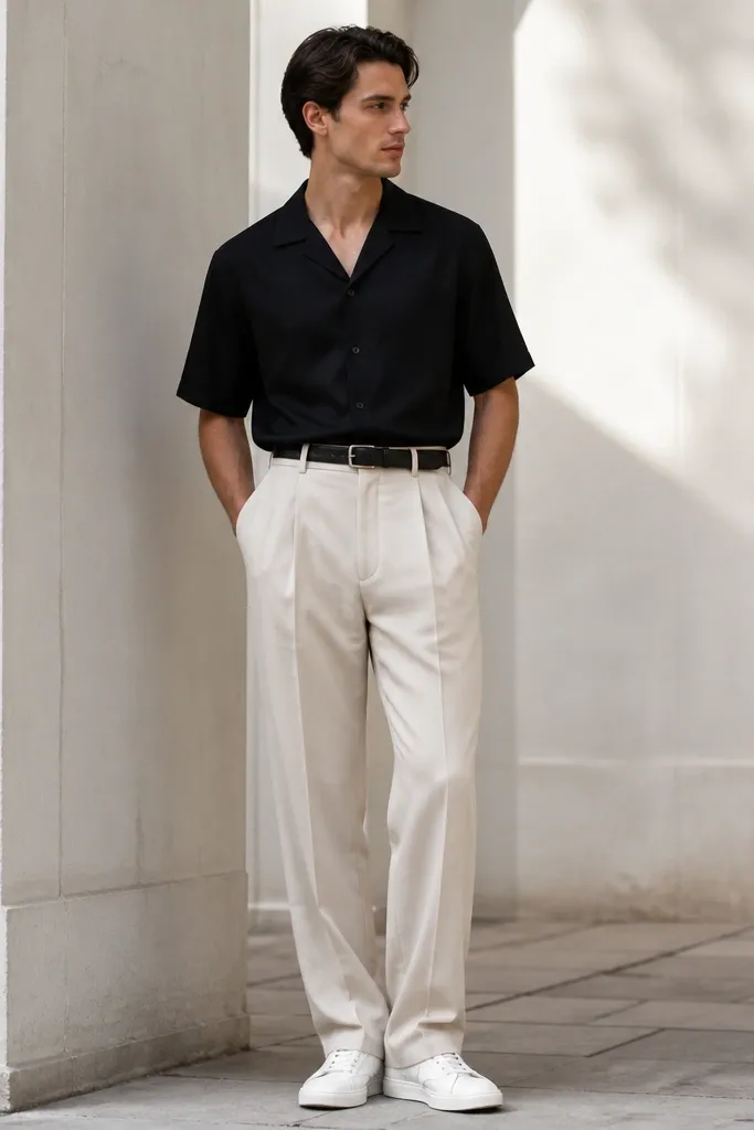 A man in a black camp-collar shirt with a relaxed collar and short sleeves, tucked into high-rise oatmeal pleated trousers. He wears white low-top leather sneakers with clean stitching and a simple black belt. The shirt catches light at the seams, and the pleats fall straight with a soft break at the shoe.
