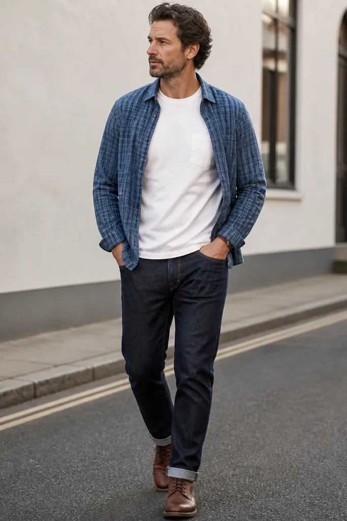 A man is shown in a medium blue flannel overshirt worn open over a plain white crew-neck tee with a small left chest pocket. He has dark indigo jeans and brown leather boots. The flannel has a small check pattern and the sleeves are cuffed at the wrist. Background is a casual street setting.