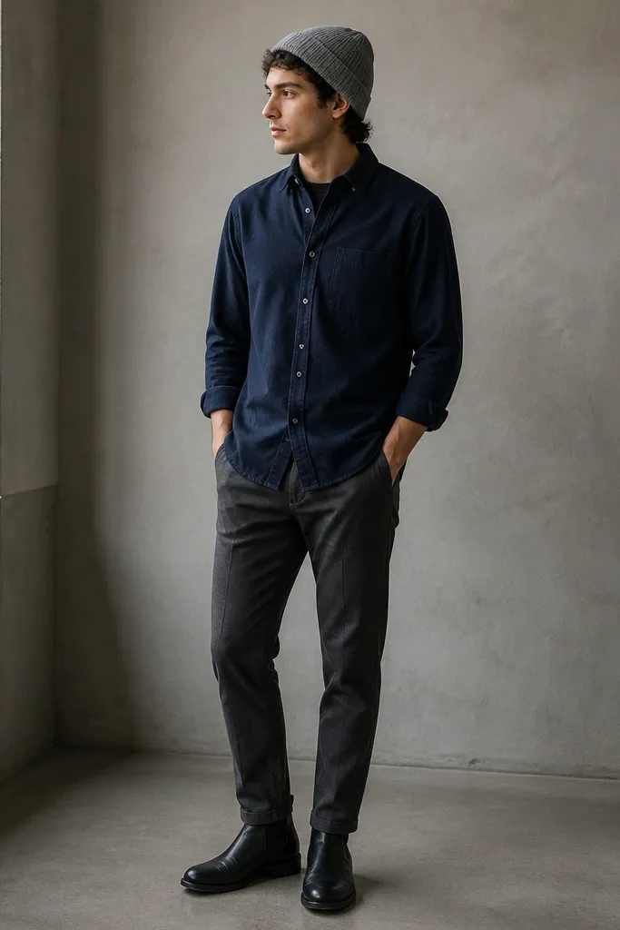 A deep navy blue flannel button-down is worn buttoned to the second button over a dark base layer. The pants are charcoal chinos with a slight taper. The shoes are black leather Chelsea boots. A simple gray knit beanie sits on the head.