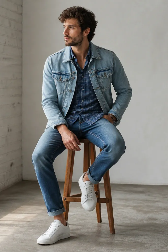 A layered outfit shows a blue flannel shirt worn under a light-wash denim jacket. The shirt has a muted blue-and-gray check. The pants are medium blue jeans, and the shoes are clean white low-top sneakers.