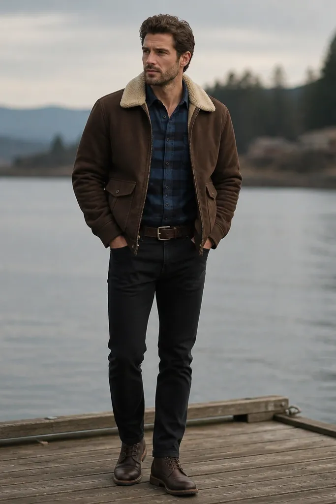 A man is wearing a blue flannel shirt with black jeans. Over it is a brown jacket with a shearling-style collar. The boots are dark brown, and the flannel is tucked neatly with a slight belt showing.