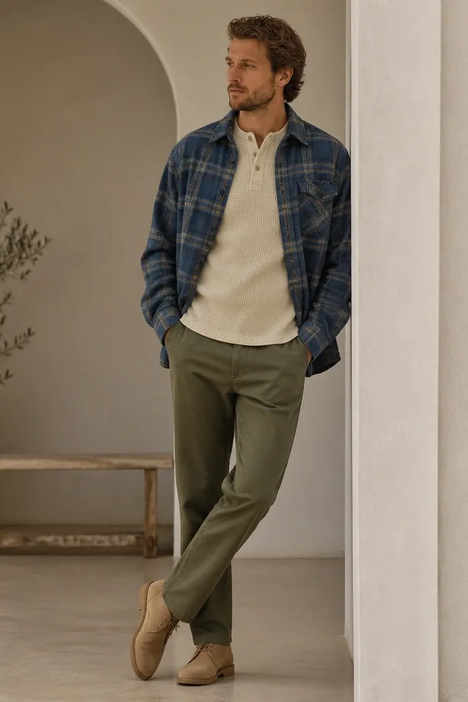 A blue flannel is worn as the outer layer, open at the front, over a cream knit henley. The pants are olive chinos and the shoes are tan suede desert boots. The flannel is slightly oversized but not boxy.